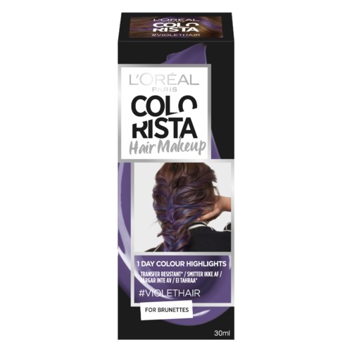Een haarkleurbundel met 'L'Oréal Paris Colorista' voor bruin haar met paarse highlights, toont een vrouw met gestyled haar.
