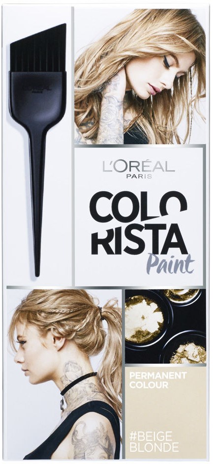 Verpackung mit Haarkurset, zeigt Bilder von Frauen mit blonden, gestylten Haaren und Haarfarbe, beschriftet 'Loreal Paris Colorkita Paint' und '#Beige Blonde.'