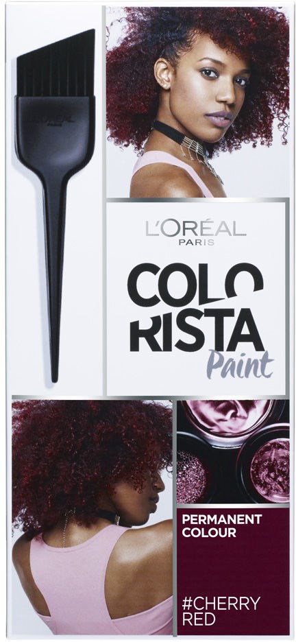 Eske for Loreal hårfarge som viser en kvinne med rødt krøllete hår, og bilder av produktfargen, kirsebærrødt.