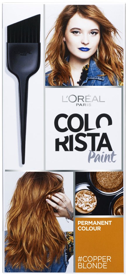 A hair dye box featuring a woman with red hair, two images of hair, and text about color and style.