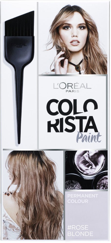 Förpackning för L'Oréal Paris hårfärg, visar en kvinna med blond hår och en hårfärgborste.