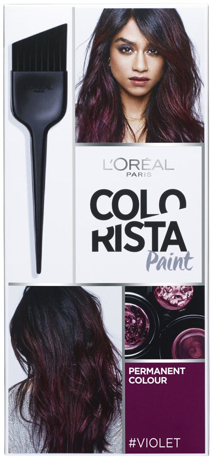 Verpackung für Haarfarbe mit einer Frau mit violettem Haar und Farbmuster namens Violet und Permanent Colour.
