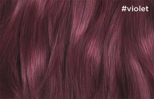 Violet-colored hair with soft shine and natural waves, labeled with hashtag #violet.