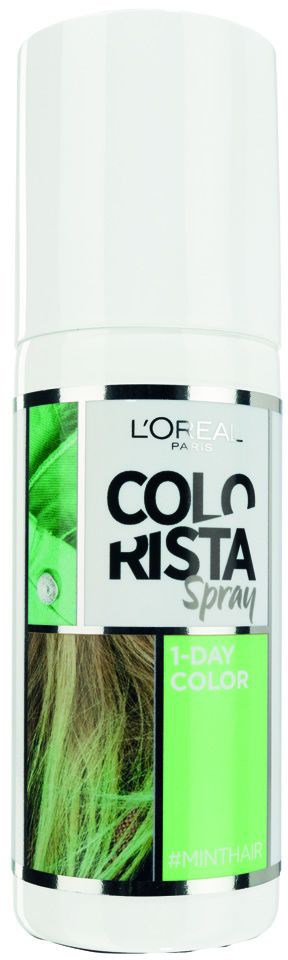 En grønn og hvit sprayboks merket 'Colorista Spray' for ett døgns hårfarge. Den viser en hårillustrasjon.