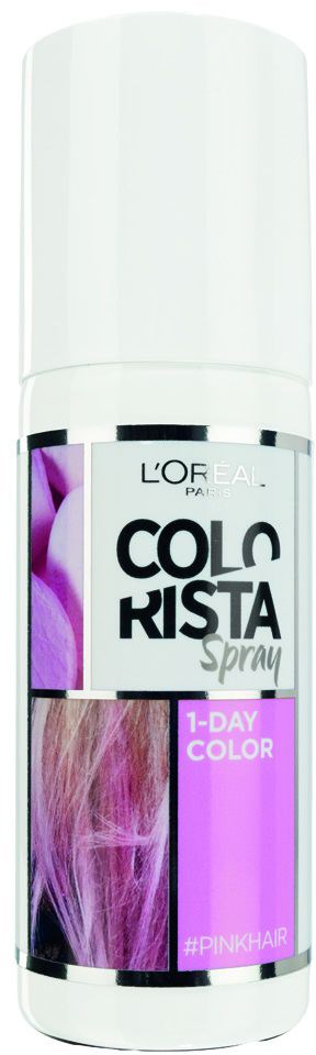 En flaske med L'Oréal Colorista spray for rask rosa hårfarge, merket 1-dags farge.