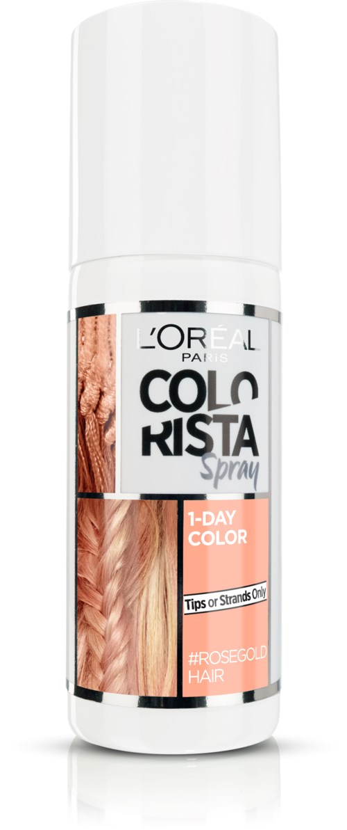 En liten sprayflaske merket L'Oreal Colorista med bilder av rosa og blondt hår, promoterer 1-dags farge for hår.