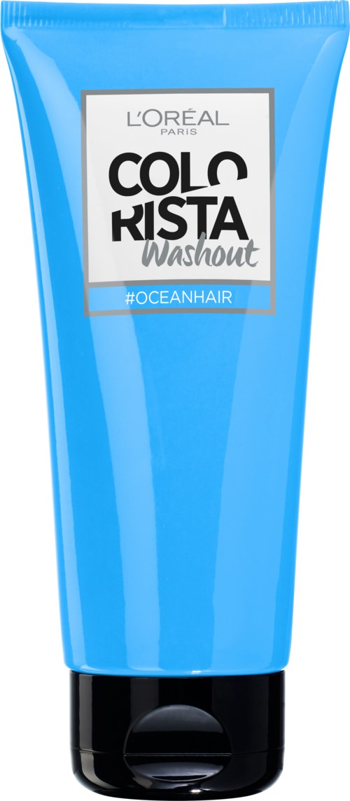 Blå tub med Loreal hårtvätt med svart lock, märkt 'Colorista Washout' och #OCEANHAIR.
