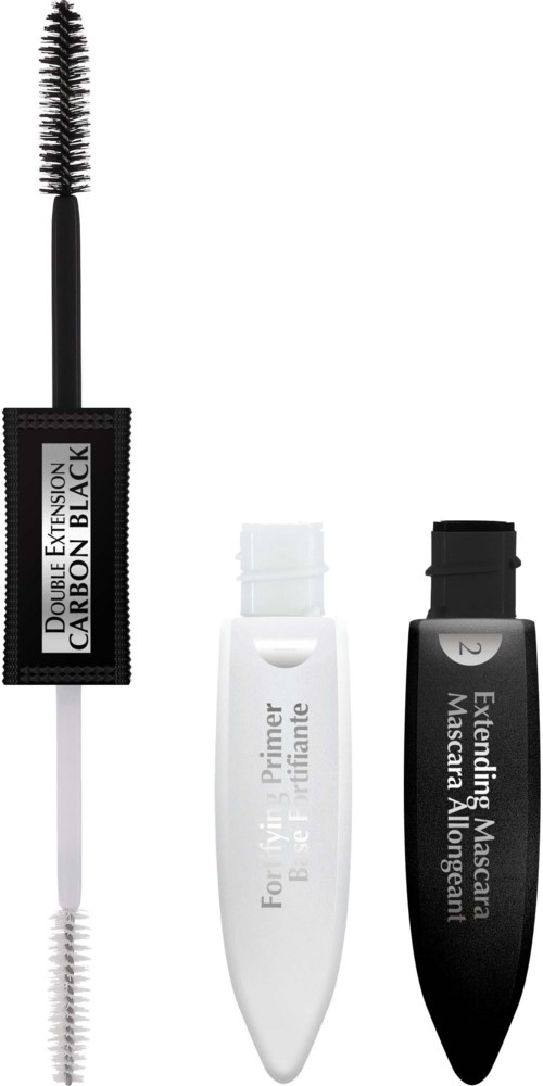 Zwei Mascara-Tuben und ein Mascara-Bürste. Die Bürste hat eine schwarze Bürste. Die Tuben sind weiß und schwarz mit Labels.