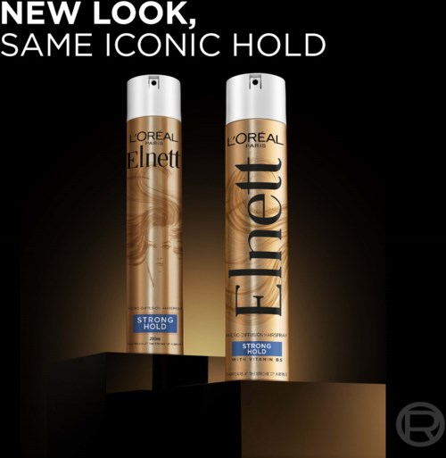 Zwei goldene Flaschen von L'Oreal Elnet Haarspray mit starker Haltbarkeit sind dargestellt. Der Hintergrund ist dunkel, hervorhebend die Flaschen.