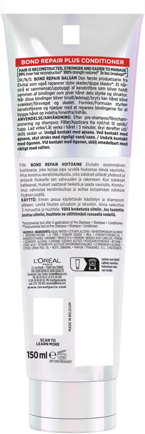 En tube med Bond Repair Plus Conditioner med røde, hvite og rosa merker, 150 ml.