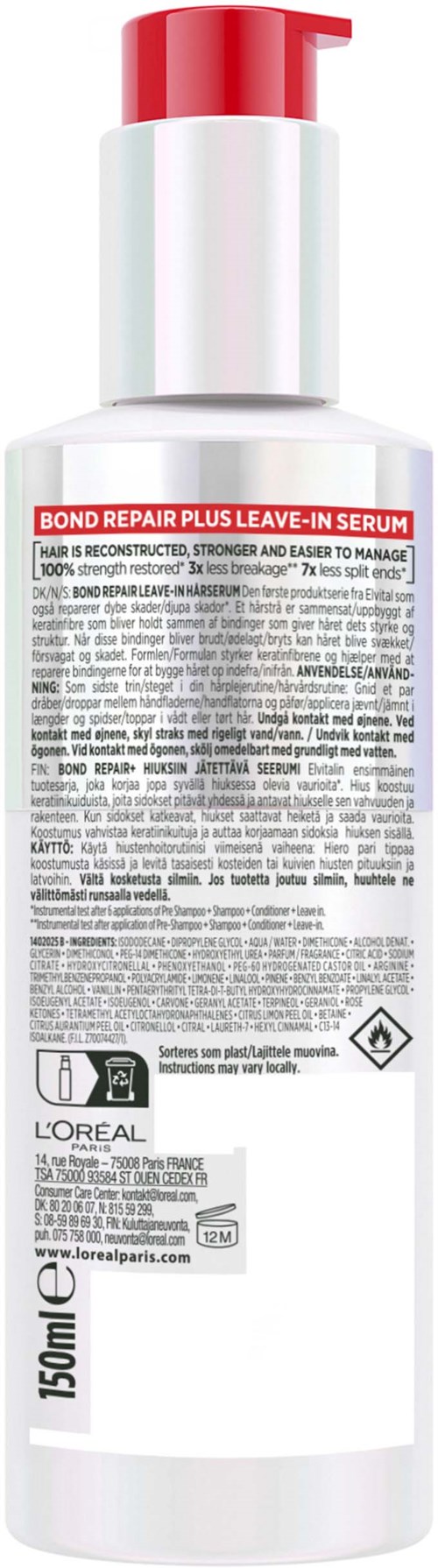 Eine weiße Flasche mit rotem Pumpkopf für Bond Repair Plus Leave-In Serum für geschädigtes Haar.