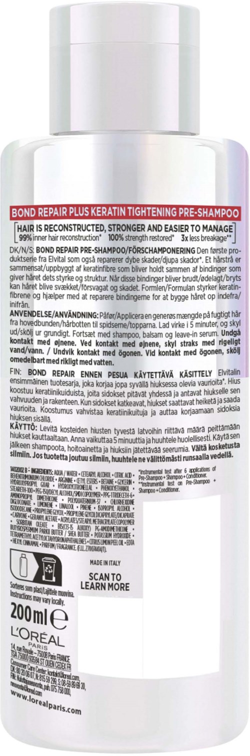 En hvid shampoo-flaske med rød og sort mærke, indeholder 200 ml Bond Repair Plus Keratin Tightening Pre-Shampoo.