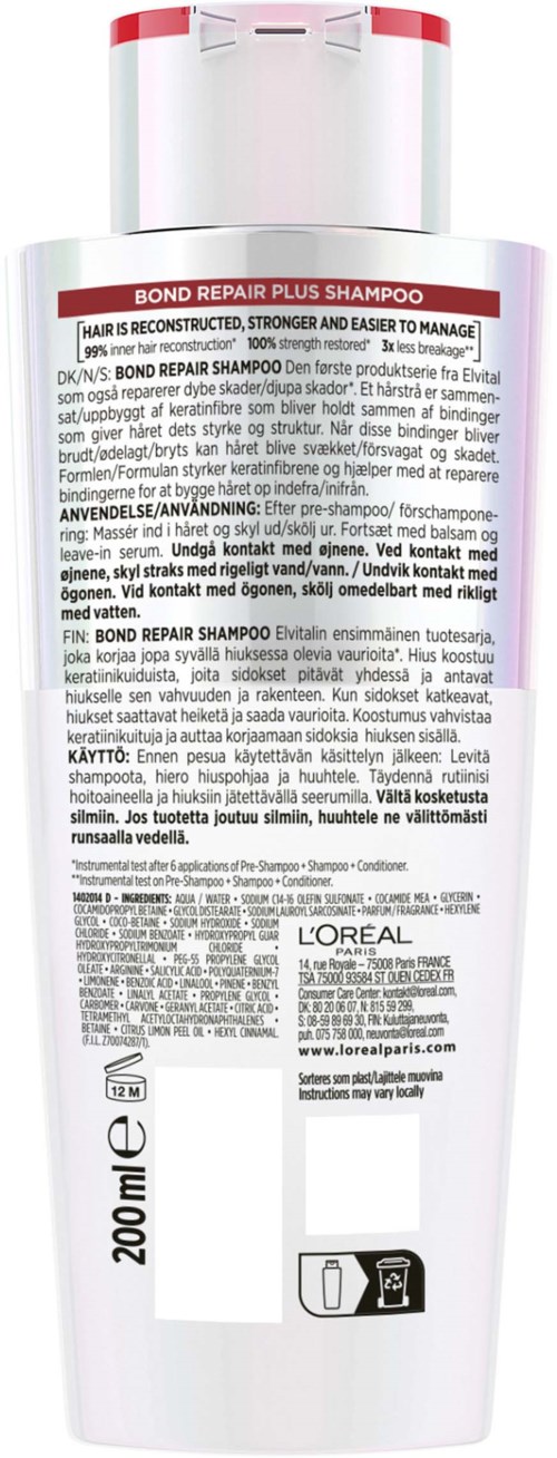 Valkoinen pullo Bond Repair Plus -shampoolla, punainen ja violetti tarra, 200 ml tilavuus.