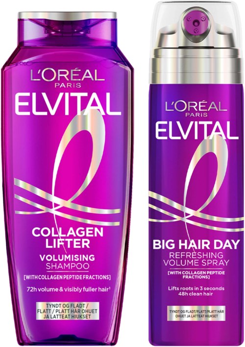 Två lila hårvårdsprodukter från L'Oréal Elvital för volym och lyft, inklusive schampo och spray.