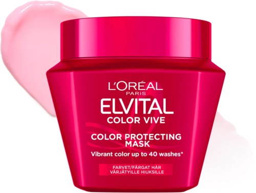 En lys rød boks med L'Oreal Elvital Color Vive maske, med rosa krem og informasjon om hårbeskyttelse.