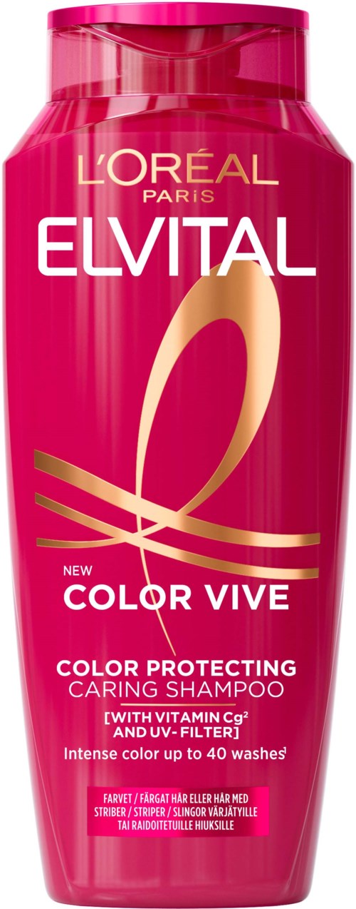 Pinkfarbene Shampoo-Flasche mit Golddekor, L'Oréal Paris Elvital Color Vive-Label und Produktdetails für Haargesundheit und Farbschutz.