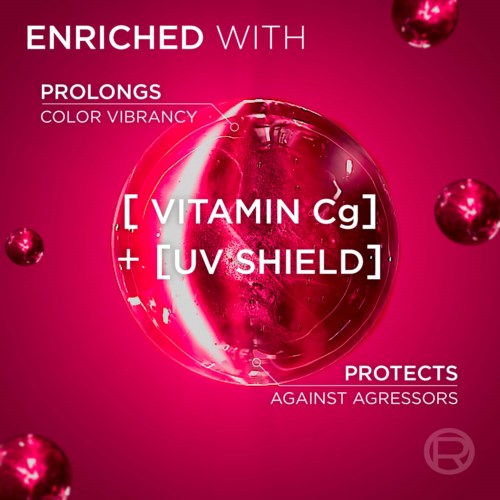 Logo mit Fokus auf Hautpflegevorteile durch Vitamin C und UV-Schutz, Schutz gegen Angreifer, pinker Hintergrund und schwebende Kugeln.