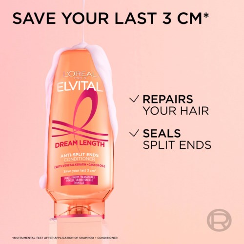 L'Oreal Elvital Dream Length Conditioner-Flasche mit rosa und orange Design, fördert Haarreparatur und Splissversiegelung.