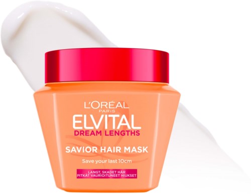 En boks med L'Oreal Elvital Dream Lengths hårmaske med hvit krem ved siden av.