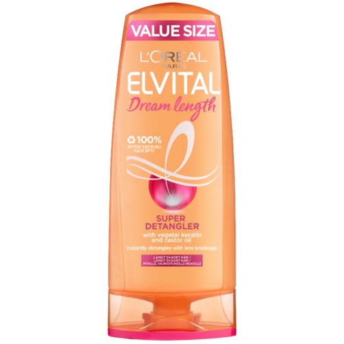L'Oréal Elvital Dream Length shampoo, pinkki ja oranssi pullo, tarjoaa super-kammattuvuuden keratiinilla ja castor-öljyllä.