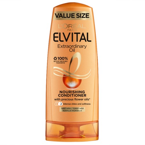 A bottle of L'Oréal Elvital Nourishing Conditioner with orange and gold packaging, featuring a cherry and a flower illustration.