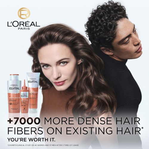 To kvinner med forskjellig hårtype vises med L'Oréal hårprodukter, som gir tettere hårfibrene.