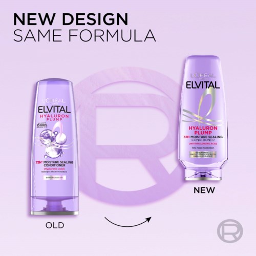 Jämförelse mellan gamla och nya L'Oreal Elvital Hyaluron Plump flaskor för fuktighetsbevarande, med ny design och samma formula.