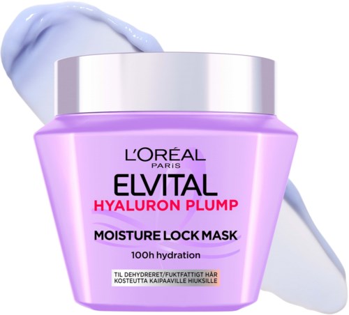 Pink jar of L'Oréal Elvital Hyaluron Plump mask with purple and white creams beside it.