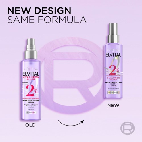 Two bottles of Elvital Hyaluron Plump serum, one old and one new, with a purple background and product logo.