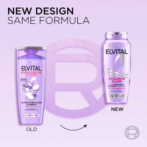 Illustration som jämför nya och gamla schampoflaskor av L'Oréal Elvital Hyaluron Plump med lila bakgrund.