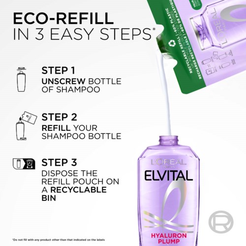 Ekokäyttöohjeet: kierrä korkki, täytä uudelleen, laita kierrätysk suitableDon. Esillä oleva shampoo-pullo.