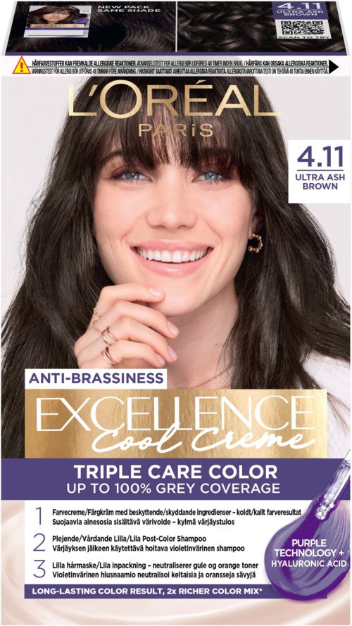 Hårfärgsförpackning från L'Oreal, nyans 4.11 ultra aska brun, främjar hållbar färg och täckning av grått.
