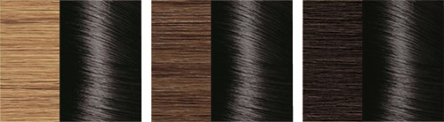 Four different hair extension samples showing various shades of brown and black. They are different textures and lengths.