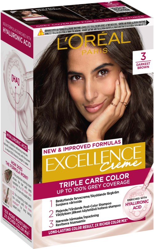 Pudełko farby do włosów L'Oréal Excellence Creme z kobietą pokazującą brązowe włosy i szczegóły produktu.