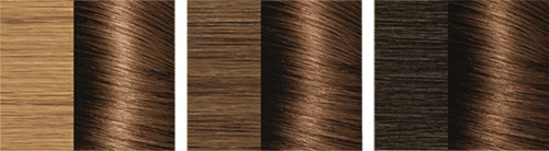 Sechs Haarfarbemuster in Blond, Hellbraun und Dunkelbraun. Jede zeigt verschiedene Haarstrukturen.