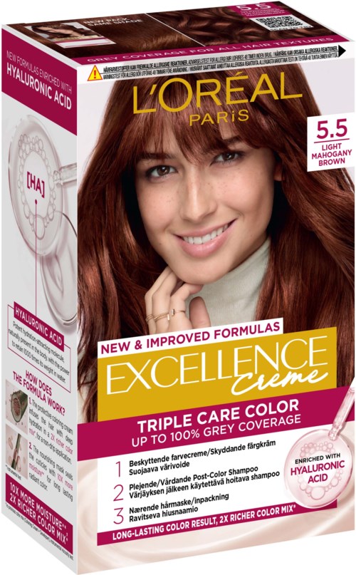 Eine Haarfärbekarton mit einem lächelnden Mädchen mit braunen Haaren. Sie zeigt Farbnuancen, Inhaltsstoffe und Vorteile.