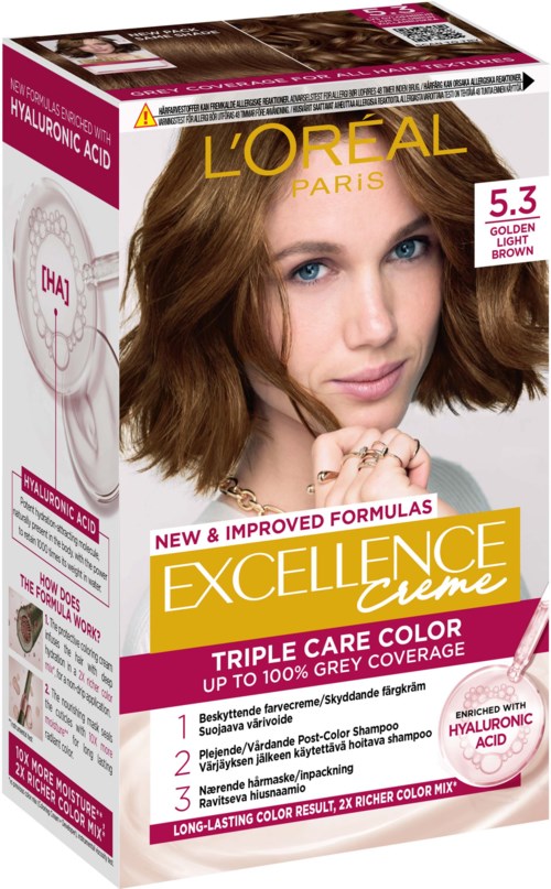 Verpackung von L'Oréal Excellence Creme Haarfarbe in Goldlichtbraun, mit einer Frau, die ihre Haare zeigt und Text über Farbe und Vorteile.