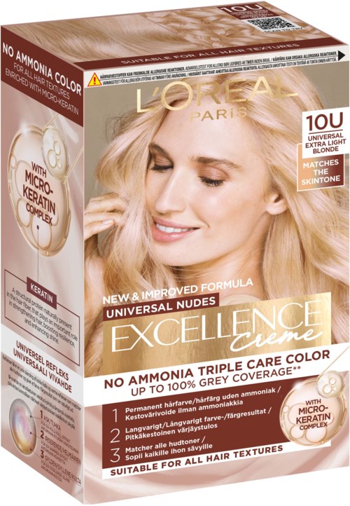 L'Oreal hårfärgningsbox med en glad kvinna, information om no ammonia, keratin och passar för alla hårtyper.