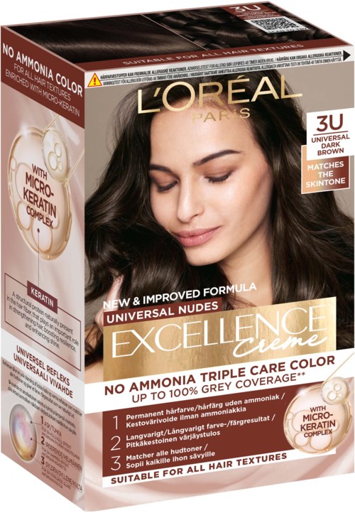 L'Oréal Excellence hårfärgningslåda med en kvinnobild och information om att den är ammoniakfri, lämplig för alla hårtyper.