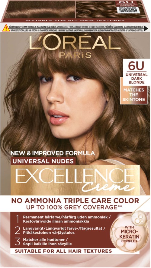 L'Oréal Paris Excellence Creme hårfärgningsförpackning, visar modell med brunt hår, lyfter fram produktfördelar och hårfärg nyans 6U.