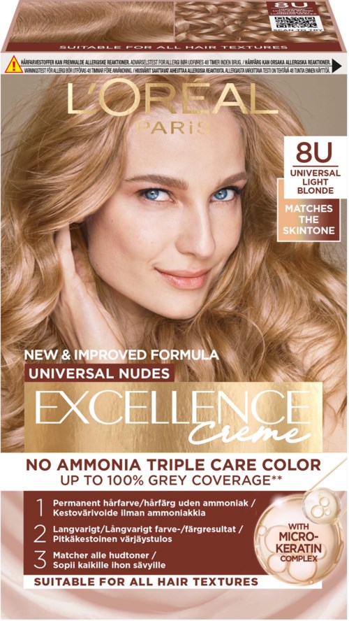 L'Oreal Excellence Crème hårfärgningslåda med en kvinna med blond, lockigt hår och text om produkten.