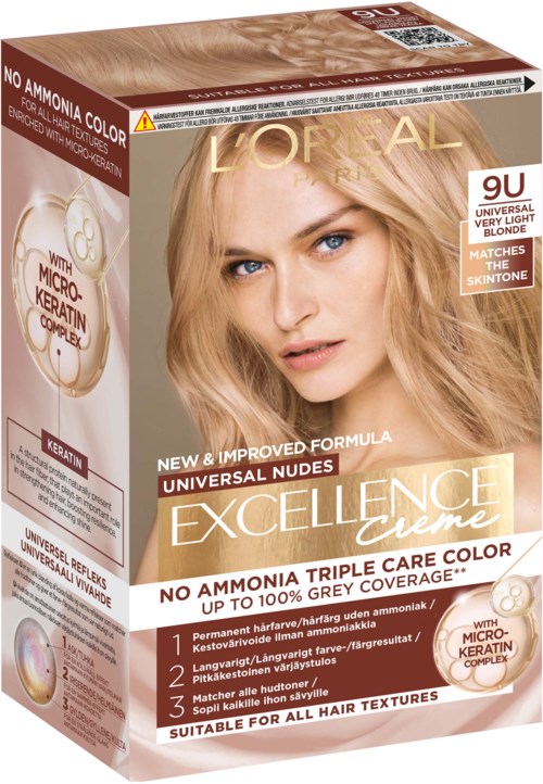 L'Oréal Excellence creme hårfärg med en blond kvinna på kartongen, som visar dess funktioner och formelns fördelar.
