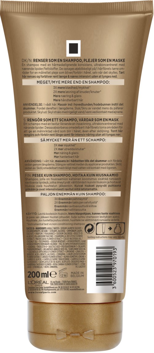 En brun sjampoflaske med tekst og ikoner, inneholder 200 ml, brukt til hårpleie.