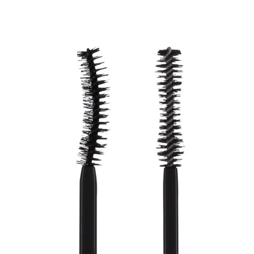 Två svarta mascara-borstar med kurvade och raka borstar, används för att applicera mascara.