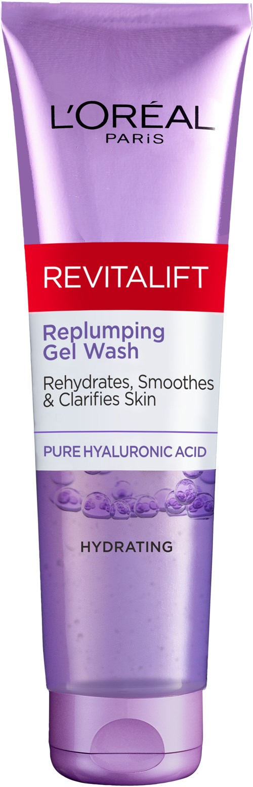 En lila tub med vit och röd etikett, säger L'Oréal Paris, Revitalift, Replumping Gel Wash, Hydraiterande.