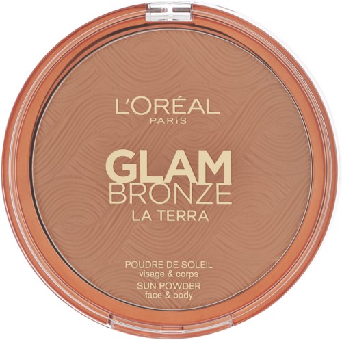 Solpuder för ansikte och kropp med L'Oréal-märke i en rund dosa. Använder varma, bronsande nyanser.