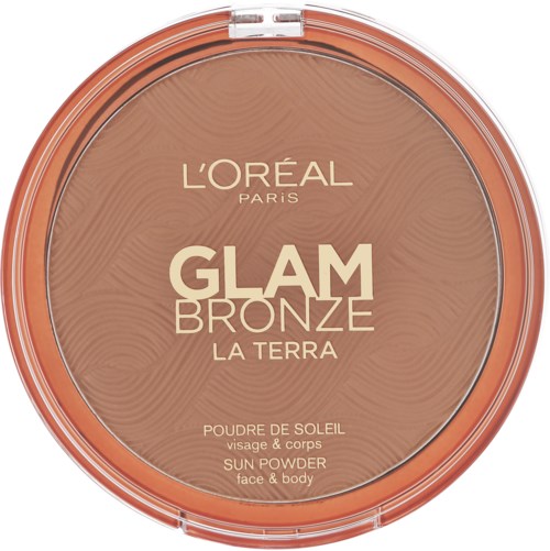 En rund ansikts- og kroppssolpudder fra L'Oréal Glam Bronze i nyansen La Terra, med gjennomsiktig lokk og bronsefarget beholder.