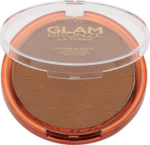 En rund kompakt med gjennomsiktig lokk, merket 'Glam Bronze La Terra', med presset pulver for ansikt og kropp.