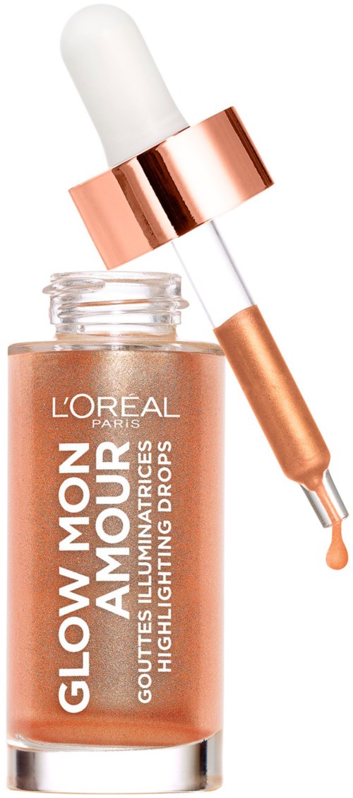 Eine Flasche L'Oreal Glow Mon Amour mit Tropfer, der eine pfirsichfarbene Flüssigkeit zeigt.
