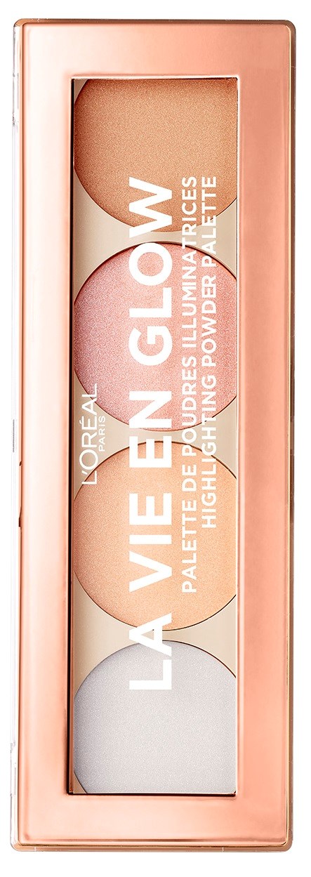 En rosa rektangulär box med ett genomskinligt fönster visar tre make-up nyanser: beige, rosa och vit.